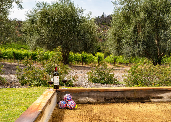 Estate landscape, wine bottle and glasses